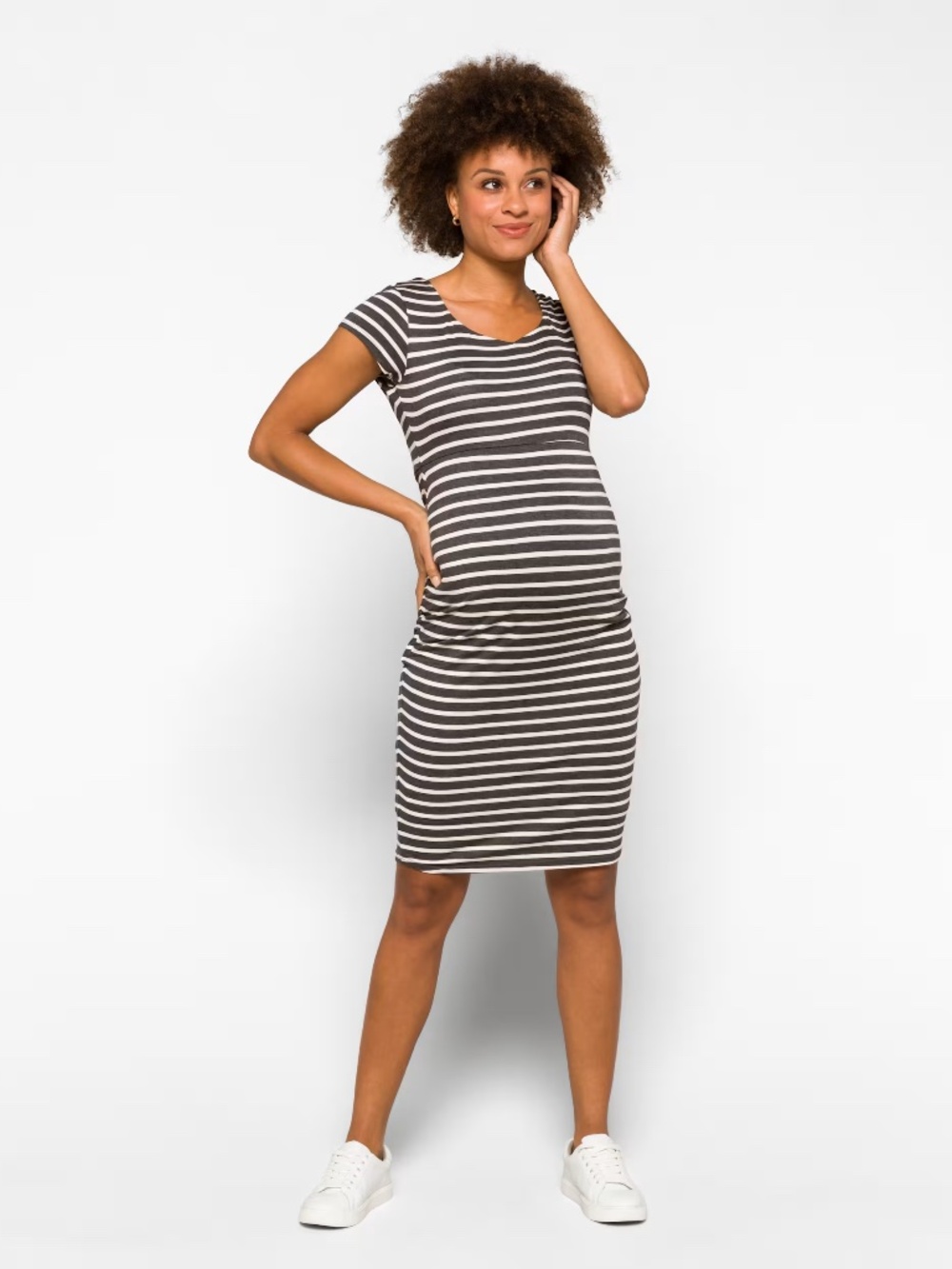 Loveappella Maternity Greta Gray & White Striped Knit Midi Dress - Size Medium